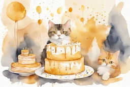 beautiful composition, cat birthday party with cake, watercolor and ink, golden glitters in ochre in sunshine