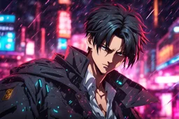 levi 8k anime sci-art drawing style, levi custom, neon effect, close picture, rain, apocalypse, intricate details, highly detailed, high details, detailed portrait, masterpiece,ultra detailed, ultra quality