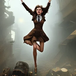 steampunk, woman jumping for joy, full-body