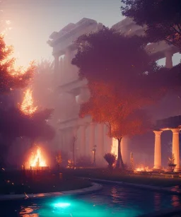 ancient greece, soft, floral, vibrant, led, water, bonfire, cool cinematic lighting, octane render, ambiance, unreal engine