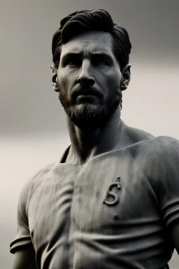 Ultra Realistic image, classical renaissance sculpture, marble material, Lionel Messi, emperor style, chisel style, waist up portrait, epic, celestial, cinematic lighting, God light, god rays, 4k resolution, smooth details, ornate details, soft lighting, unreal engine 5, sky background.