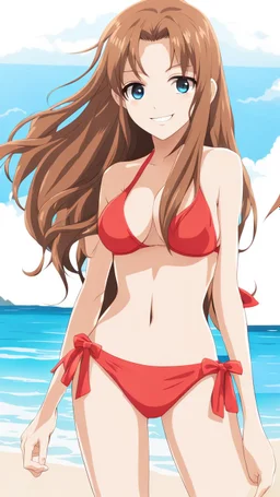 Attractive Anime Woman With Very Long brown Hair, Bikini, Full Body In Frame, Beach, Red Cheeks, Skinny, Looking At Camera, Smiling