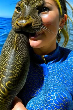 a sea monster with a human head, the body of a moray eel, fins of a fish, swims in the ocean