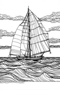 A sailboat sailing on an open ocean, with nothing but water stretching to the horizon, embodies the freedom of adventure and exploration., coloring book page, simple and clean line art, adult drawing book, black and white, crisp black lines, no shades, sharp lines, coloring book for adults, cartoon style, landscape