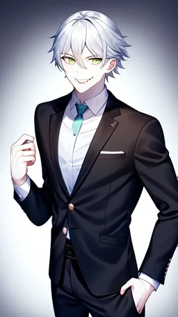 plauge doctor in balck leather coat and suit with silver hair, pale skin and bright green eyes smiling with sharp teeth, nice young face, male, viscious smile