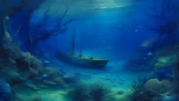 A dark blue underwater coral reef with a shipwreck painted by Birge Harrison
