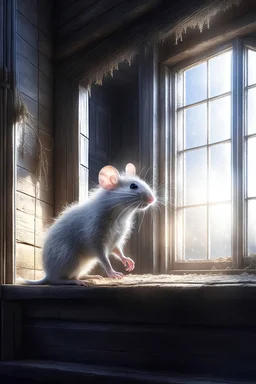 A thin, hairy, white mouse stands outside a large, half-timbered window with crystal droplets of water still on the window. The window opens about 60 cm wide. The mouse lifts its head slightly, looking up at the future through the post-apocalyptic horizon. A beam of sunlight slopes over the mouse, presenting a harmonious picture with the mouse's upright 45-degree gesture.