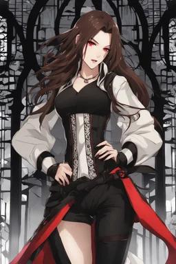 A young woman with pale skin and long brown hair in a modern setting with intricate details. Her attire is sleek black and red. She is smirking, has intense red eyes, intimidating presence, high definition. anime style.