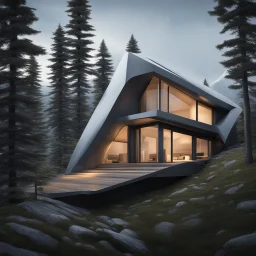 Cabaña moderna minimalista en las montañas estilo Zaha Hadid calidad ultra pintura al óleo 8k