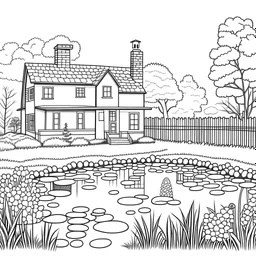 GARDEN HOUSE, "Peaceful Pond: Paint a tranquil scene with a garden pond, full view, realistic, coloring page, only draw lines, coloring book, clean line art, wildlife-inspired, kid style, –no sketch, color, –ar 3:4, white background, minimalistic black lines, 8k, minimal black color, low level black colors, coloring page, use pure black and white colors, avoid thick black colors, thin black line art, avoid colors, perfect shape, perfect clear lines, clear edges,