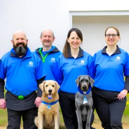 dogdaycare 4person group photo staff hands behind back