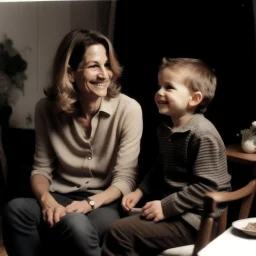 A mother sits on a chair and looks at her son with a smile and lots of love