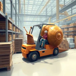 A giant snail in a factory driving around in a forklift, and are in the way for every worker