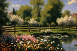 amazing sunny spring day, trees, flowers, fence, little pond, frederic bazille impressionism painting