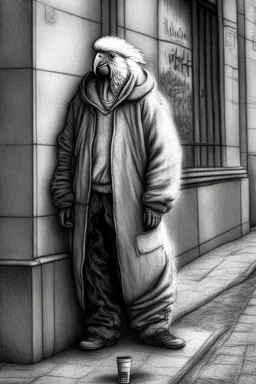 One single mature homeless cockatoo with worn out clothes, sleeping in a corner on the street, Vienna, mourning, model style, hyper realistic, extremely accurate, delicate, extremely detailed, Graphic novel style, wide-angle, open aperture, superfine pencil