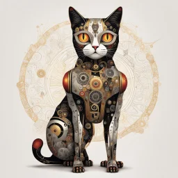 Full body portrait of a Robot Cat, psychedelic, Detailed, by Laurel Burch and Brian Despain, maximalism, black and white and silver and gold and crimson, by Petros Afshar