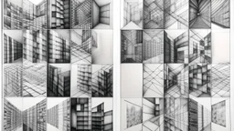 The image is an abstract composition of multiple square panels arranged in a grid-like pattern. The panels are made of different shades of grey and white, creating a textured and layered effect. The top panel has a black and white line drawing of a building, while the bottom panel has several smaller panels with a white background. In the centre of the image, there is a triangular shape that appears to be made of glass or a similar material. The overall composition is symmetrical and has a sense