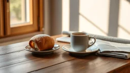 A single delicates roll cake filled citrone creme on a small ceramic plate on a wooden table. A steaming mug (possibly coffee or tea) and a folded newspaper are also on the table. Natural, warm sunlight streams in from a window on the left, casting pleasant shadows and creating a cozy, relaxed morning atmosphere