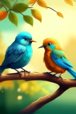 generate an image of couple bird sitting on the branch of tree with real views