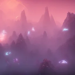 ALIENS FLOATING in the fog, FOGGY NIGHT, mountains, GLOWING, PURPLE, orange, pink, stars, TOWERS, 4K, 8K, CINEMATIC