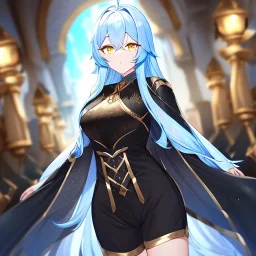 Clear focus, High resolution, Long light blue fluffy hair, hair between eyes, yellow eyes, wearing black fabric shorts, detailed outfit, blue and black outfit, gold accessory