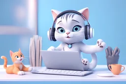 funny cute cat in headphones sitting at the desk in front of laptop with paws on keyboard disney style 3d light blue background