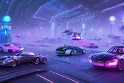 futuristic city landscape, flying cars, robots, blue and purple neon