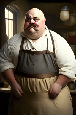 fat bald innkeeper with white dirty apron and moustache