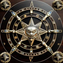  metal jewelry,zodiac symbol, ancient, magic,on dark wooden table,perspective