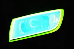vehicle headlight(with chrome and neon green trim) on black background, add details and inner chrome+light