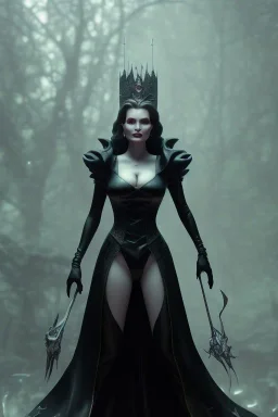 Geena Davis as evil queen in black leather gown, evil, busty, cleavage, curvy, angry, stern look. character design by cory loftis, fenghua zhong, ryohei hase, ismail inceoglu and ruan jia. unreal engine 5, artistic lighting, highly detailed, photorealistic, fantasy