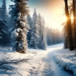 Winter Wonderland: Snow-covered landscapes with evergreen trees A path through a snowy forest Icy branches with twinkling lights