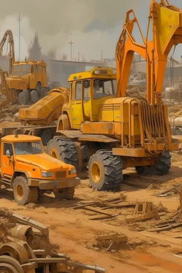 A yellowish orange colored unnerving junkyard with construction vehicles painted by Claude Monet