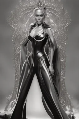 Sharon Stone as evil queen in black leather gown, cleavage, angry, dominant, emperious, stern look unreal 5, octane render,cinema4d, dynamic lighting, dramatic lighting, 4k, redshift render, highly detailed, hyper realistic