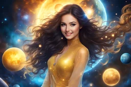 Luminous Look, beautiful girl, long dark wavy hair, brown eyes. warm smile. Wearing a crystaline transparent yellow dress. Cosmic environment, blue sun, spaceship, nebulas, planets