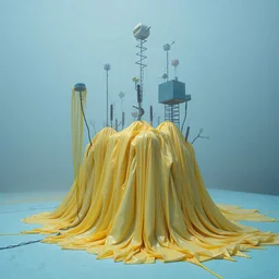 Fotografia di una superficie piatta di colore azzurro chiaro e giallo pastello, su cui si ergono surreali strutture di forma indefinita, fatte di materiali vari, ricoperte da materiale plastico di colori pastello, che scende a terra. Nebbia, oscurità, Max Ernst, Audubon, Piet Mondrian, paranoic, obsessive, nightmare, foresta, alberi, filo, notte, glossy, surreal, hasselblad h6d400c --ar 85:128 --v 6.