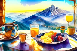 breakfast on a table on the terrace (orange juice, coffee in a cup, fruit, pastries), view of the mountains in the distance, Jean-Baptiste Monge style, surreal, a masterpiece, razor-sharp focus, dynamic lighting, watercolor and ink concept art extremely detailed psychedelic 8k beautiful high detail high definition colourful matte background Michelangelo Van Gogh colorful dramatic lighting fine art reflections whimsical National Geographic photography Alexander Archipenko Romantic Impressionism