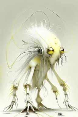 Artist Jean-Baptiste Monge style. A mechanical humanoid pale yellow filament-creature. White furry liquid tendrils. White eyes.