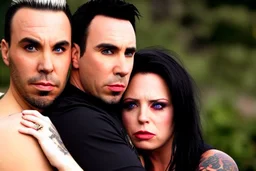 Jason David Frank short dark hair with hugging pretty blonde shorthaired sad girl crying, photo realistic, modern dark fantasy, penthouse