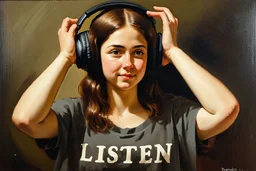 Painting by léonard de vinci, a Young woman listening to music, it's written LISTEN on her t-shirt,