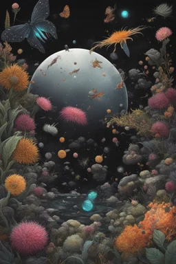 diseased Flora and fauna at the End of the Multiverse rising from a black liquid surface.