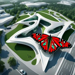 Aerial view of the butterfly-shaped museum architecture Zaha Hadid incredibly hyper-detailed digital artwork 8k white green and red colors