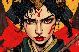 Portrait of a samurai girl with an obsessive, vengeful spirit in the style of Van Gogh, Gustav Klimt, and Kay Nielsen with a bold dramatic color scheme inked by Frank MIller