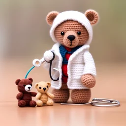A crochet doctor bear with a stethoscope and a white coat, examining a tiny crochet patient bear.