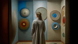 Woman in front of a wall with several circular holes of different sizes, painting by René Magritte, surrealism by Francis Bacon, Greg Rutkowski and Mark Rothko. Painting by Lucian Freud. photorealistic with a palette of a mixed media, very brutal, surreal, symmetrical