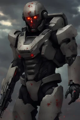 A soldier from the future from 2706 - armored - semi-robot - plasma weapon - war background - bloody face -