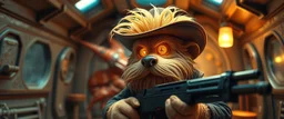 air brush 3d with pen outline,spaghetti boss gunslinger western fluffy elder edgy hero with slightly glowing eyes in front of glistening space lobster dog, shallow depth of field, warm lantern, pin hole cam in doll house space ship, bottom floor board edge border