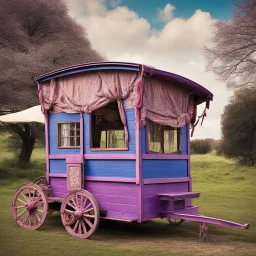 Old fashioned purple, blue and pink gypsy wagon decorated, curtains fluttering in the wind