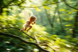 motion blur fast running pixie Quickling - Forgotten Realms along winding branches in lush green forest , bokeh like f/0.8, tilt-shift lens 8k, high detail, smooth render, down-light, unreal engine, prize winning