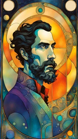 Create a chaotic abstract cubist , ornate Tarot Card depicting ,The Magician with highly detailed facial features, in the style of Bill Sienkiewicz, Philippe Druillet, Gustav Klimt, Alphonse Mucha, and Jean Giraud Moebius, precisely drawn, colored and inked, in muted colors, with ornate bordered edges